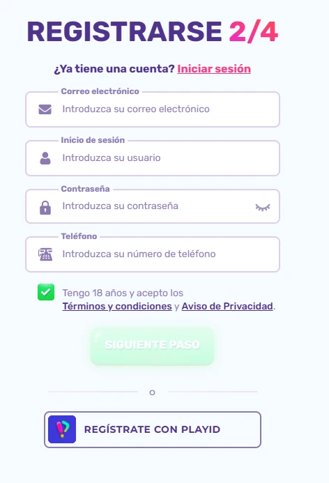 Formulario de registro para una nueva cuenta en Slotspalace Casino